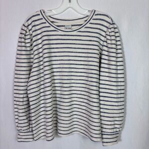 NIC+ZOE XXL Blue White Stripe Textured Cotton Puff Sleeve Top Coastal Chic